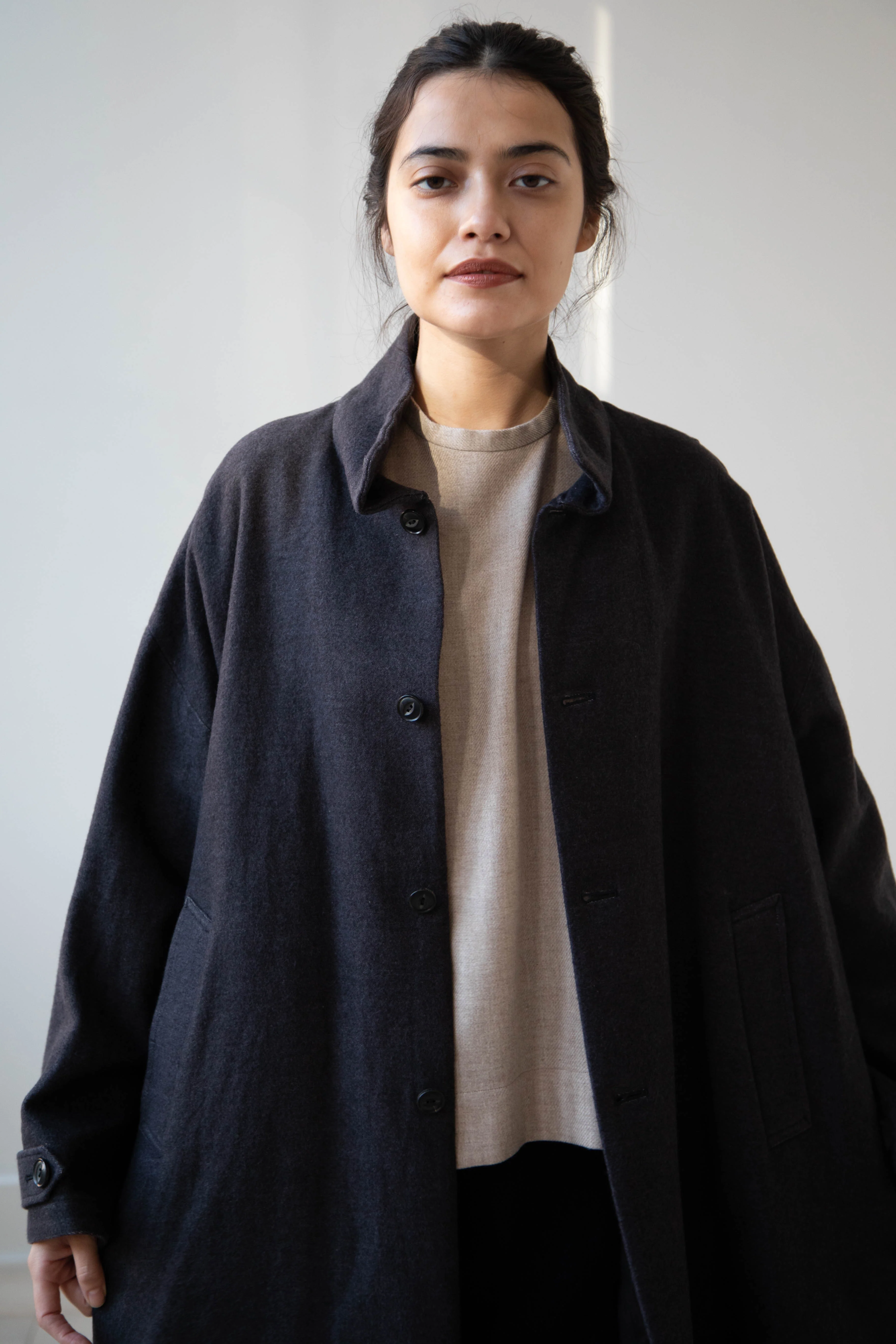 Arts & Science Band Collar Balloon Coat in Charcoal - Image 15