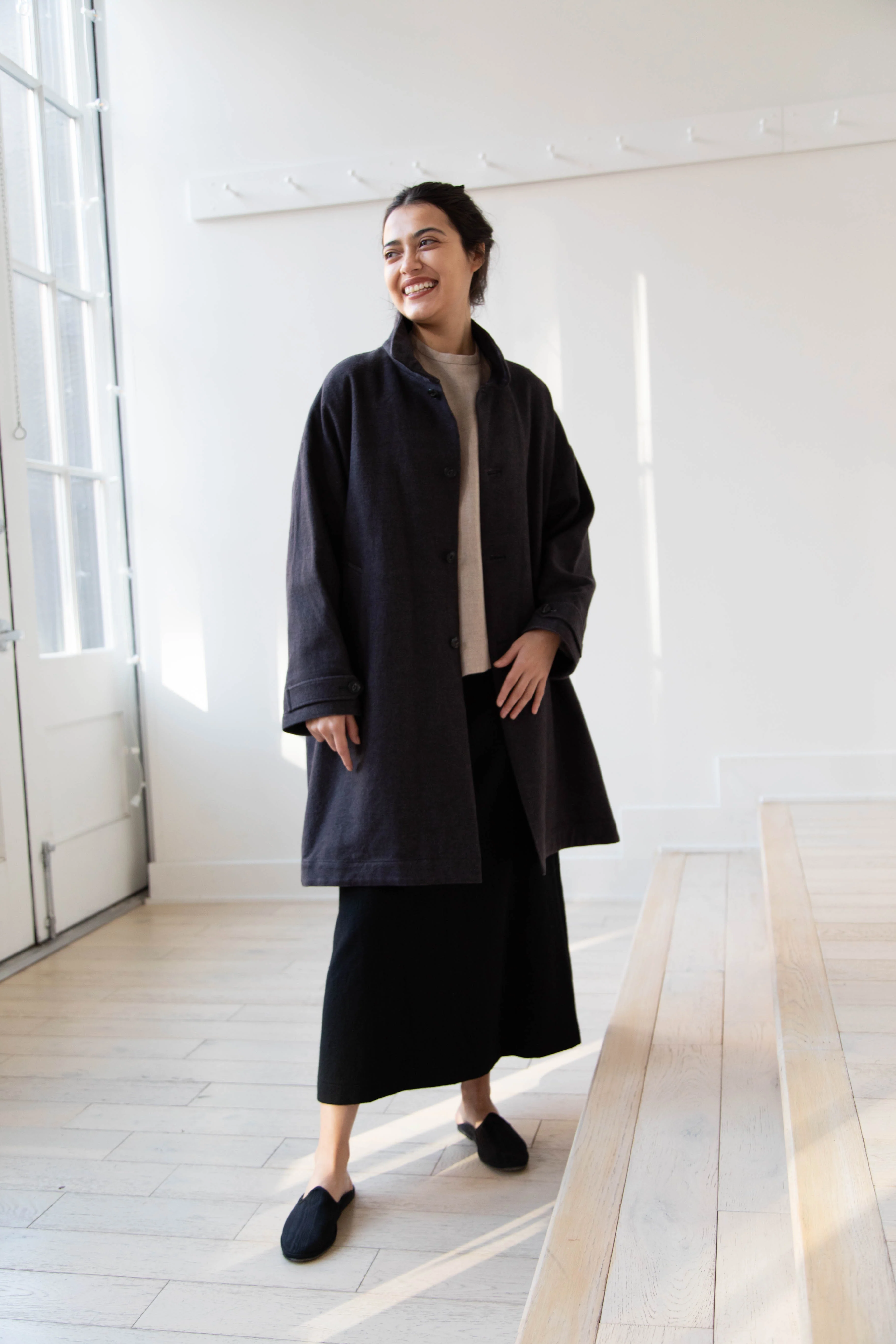 Arts & Science Band Collar Balloon Coat in Charcoal - Image 17