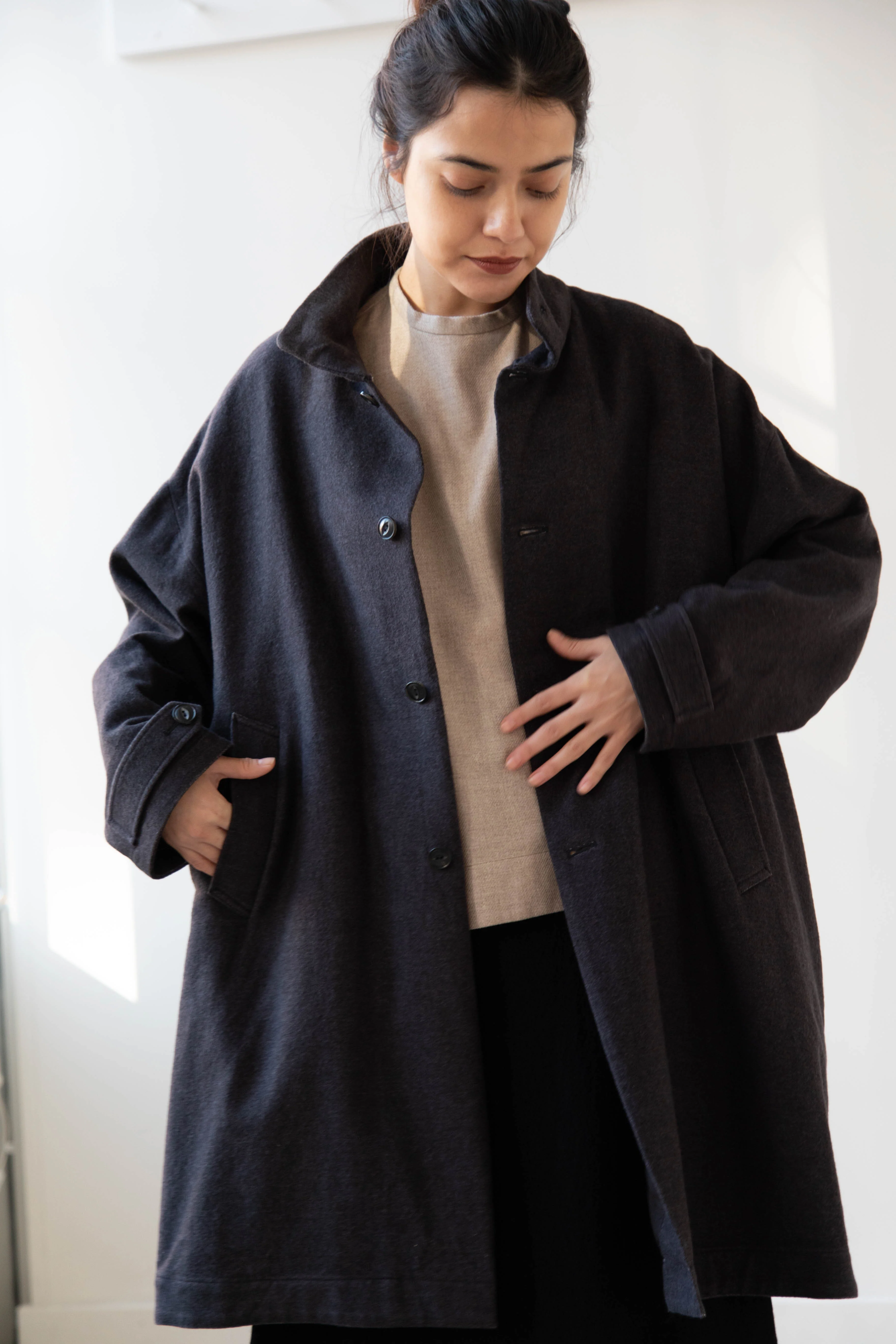 Arts & Science Band Collar Balloon Coat in Charcoal - Image 20