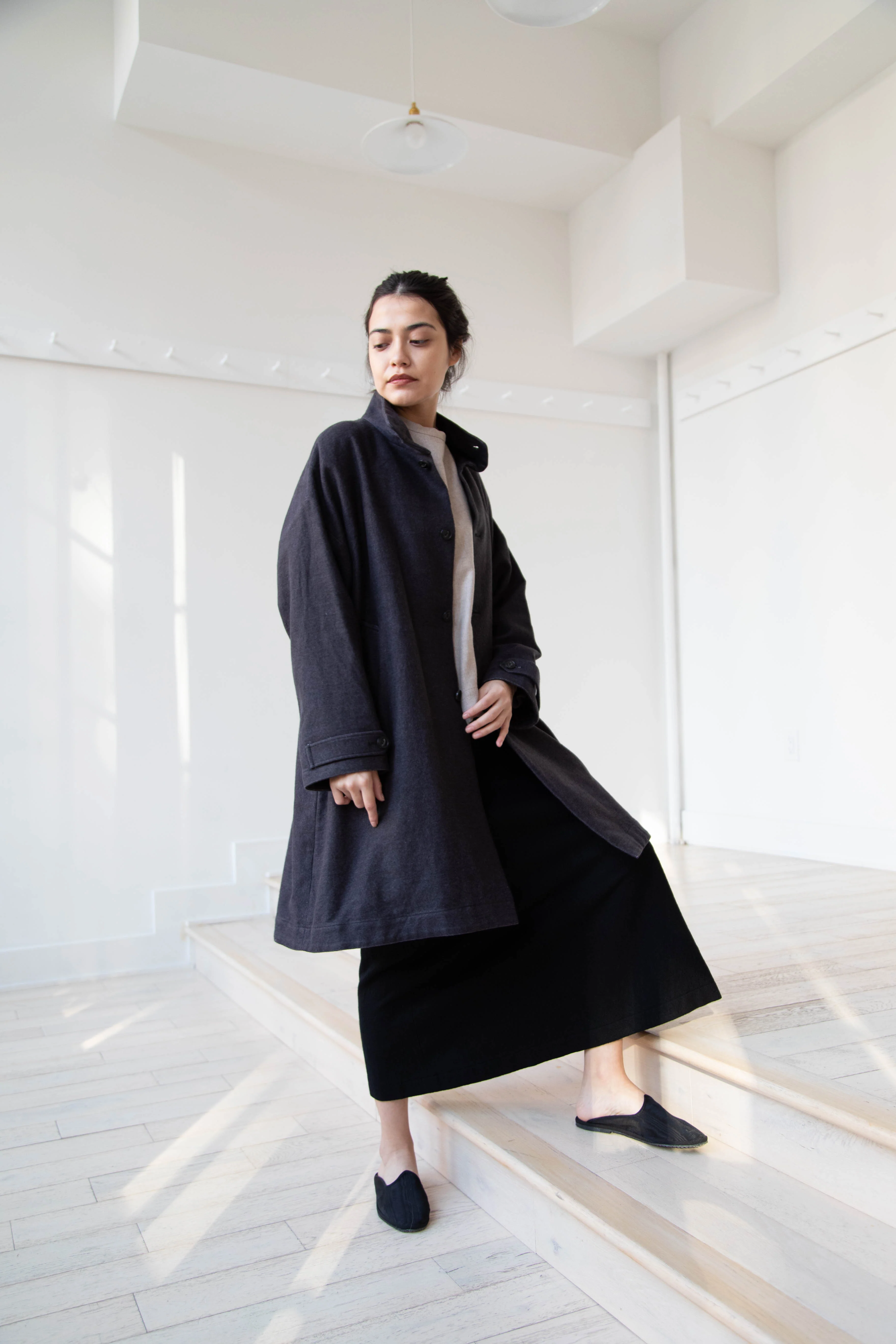 Arts & Science Band Collar Balloon Coat in Charcoal - Image 26