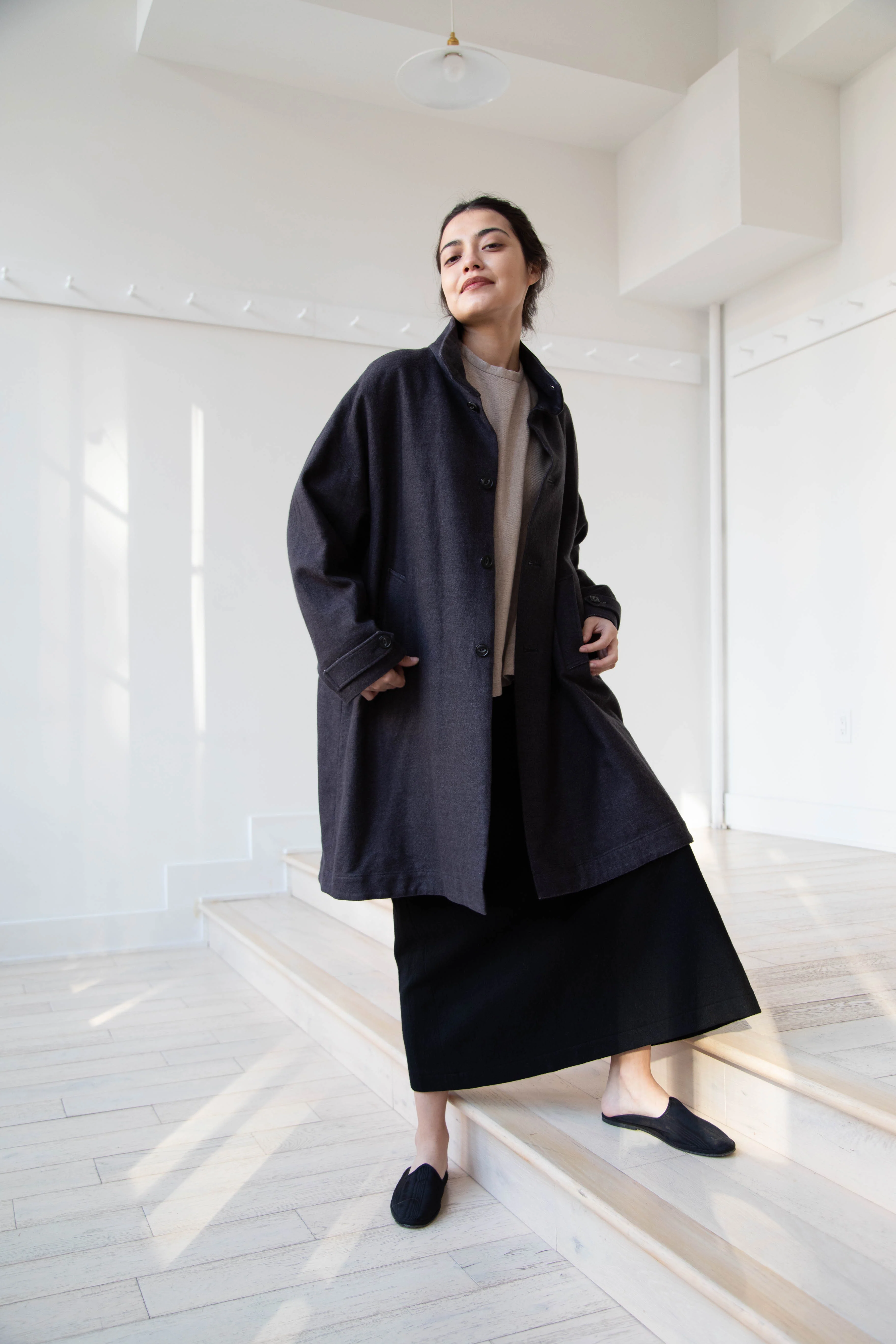 Arts & Science Band Collar Balloon Coat in Charcoal - Image 28