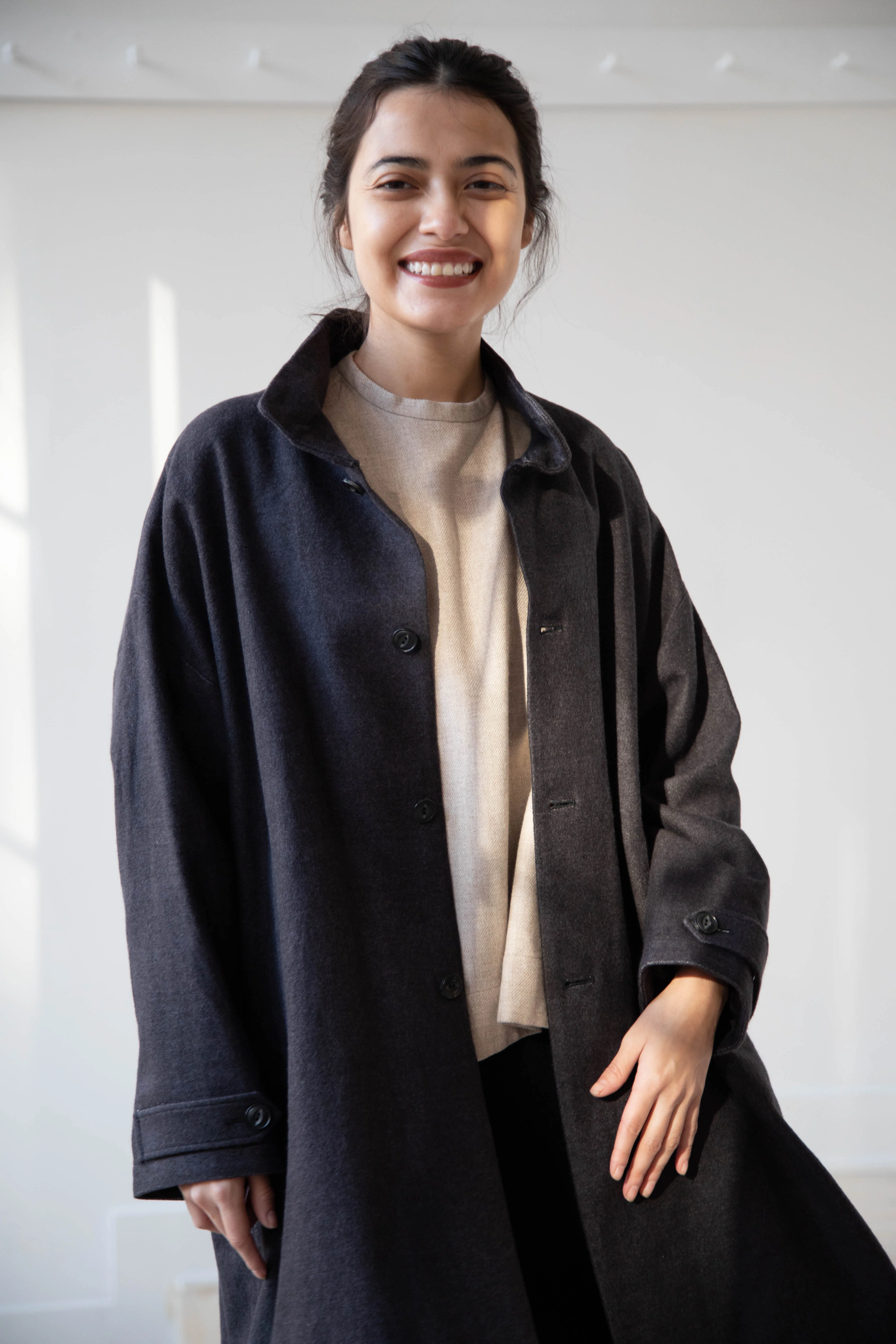 Arts & Science Band Collar Balloon Coat in Charcoal - Image 32