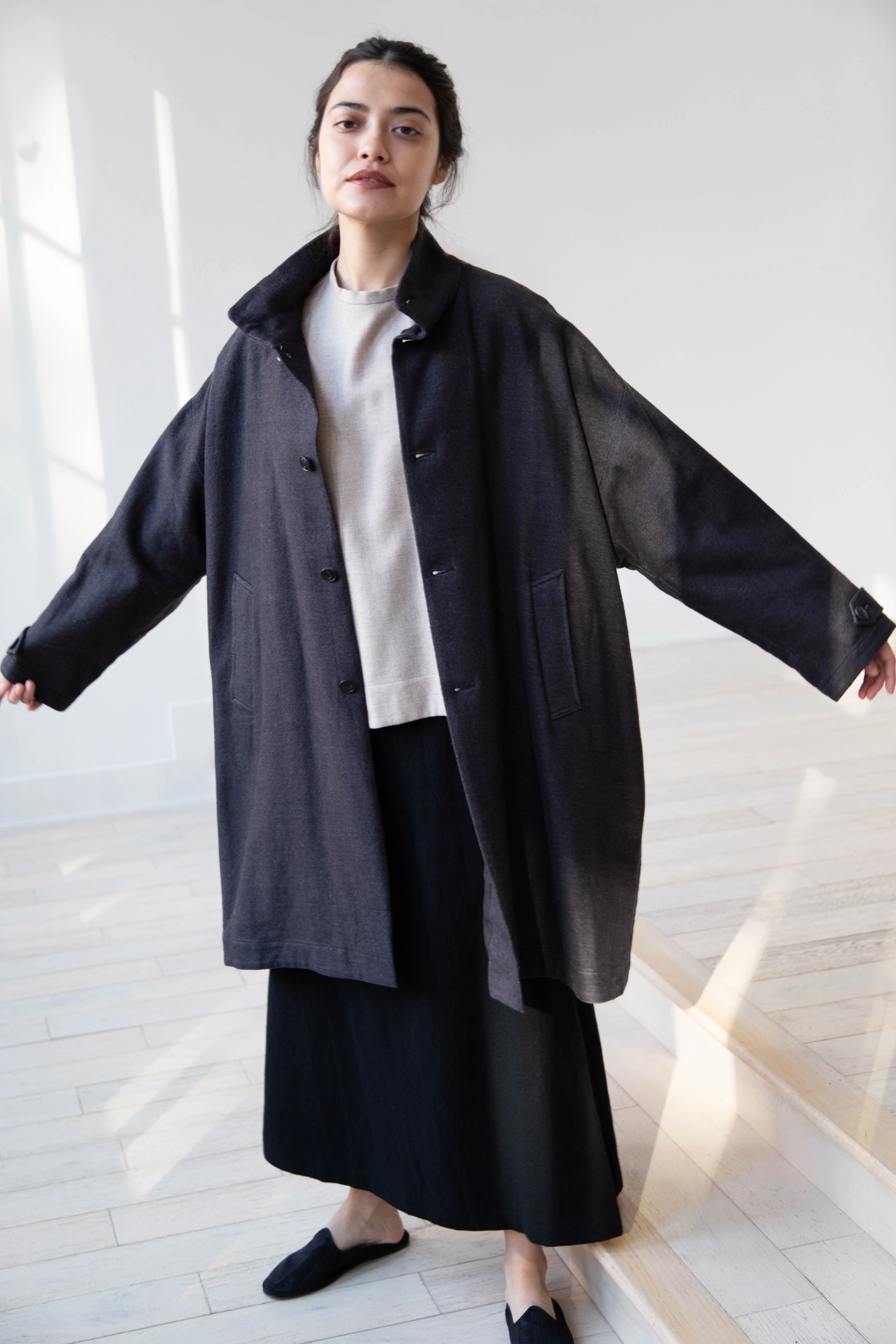 Arts & Science Band Collar Balloon Coat in Charcoal - Image 65