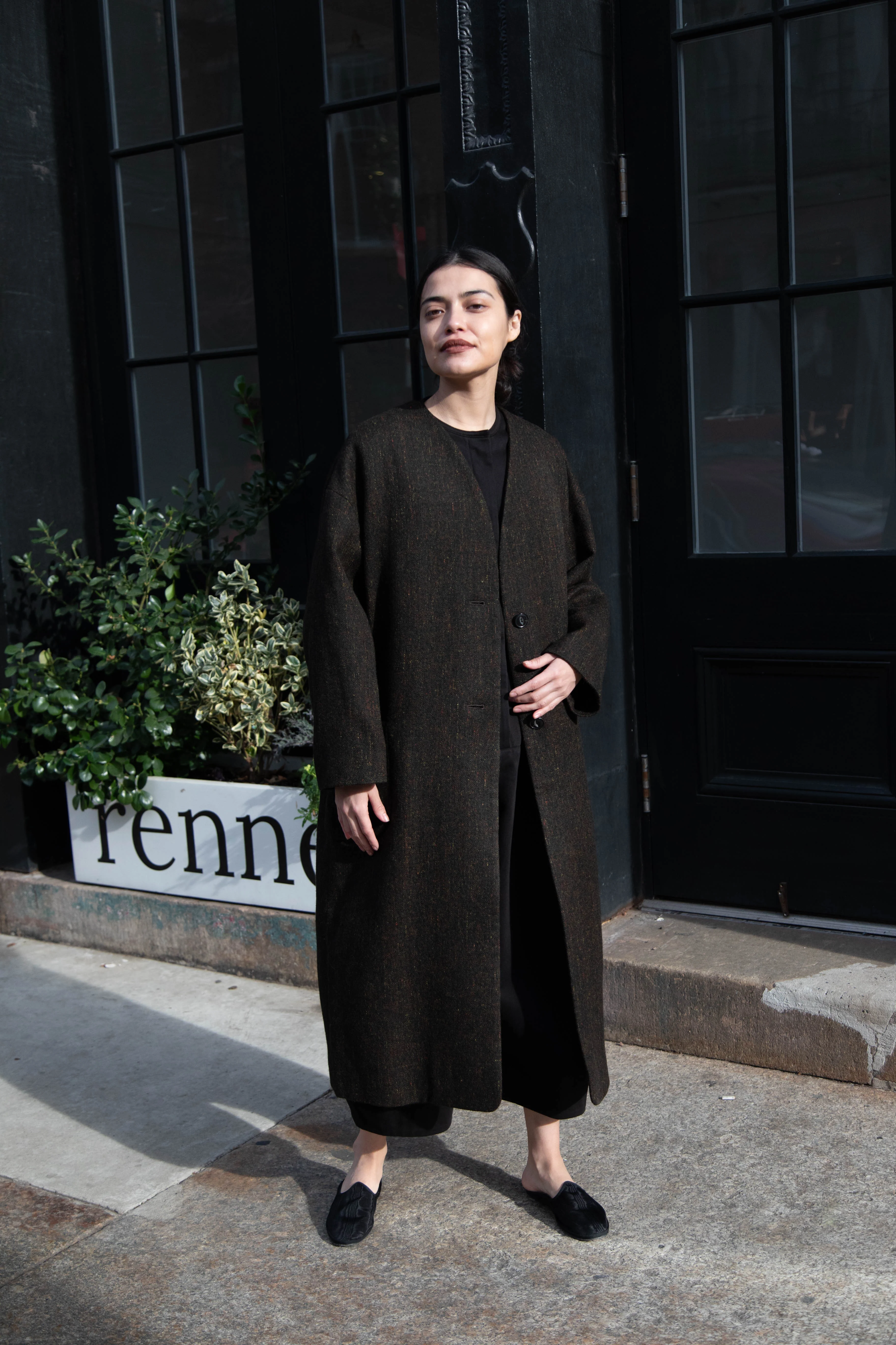 Arts & Science Tweed V-Neck Long Coat in Moss - Image 11