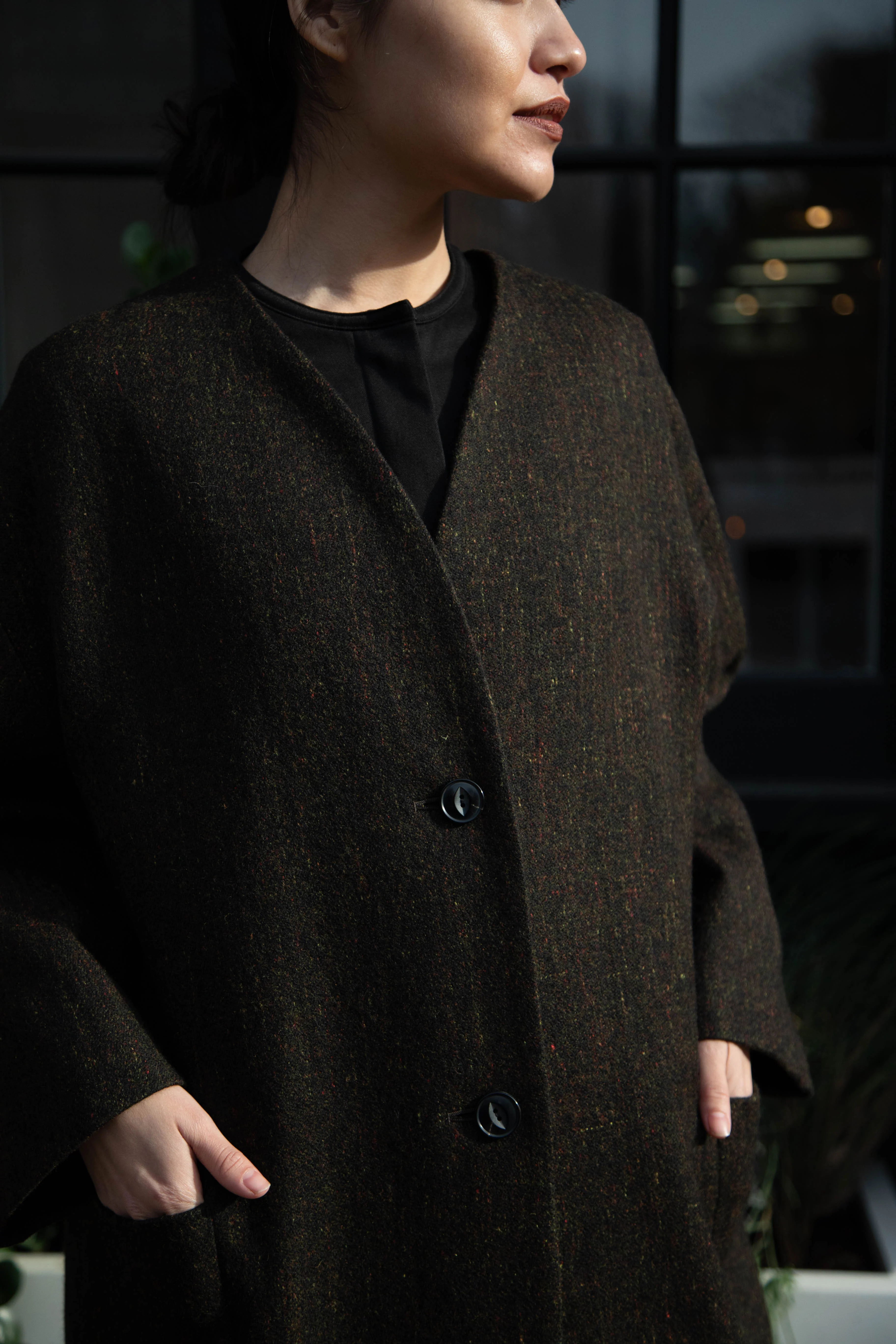 Arts & Science Tweed V-Neck Long Coat in Moss - Image 20