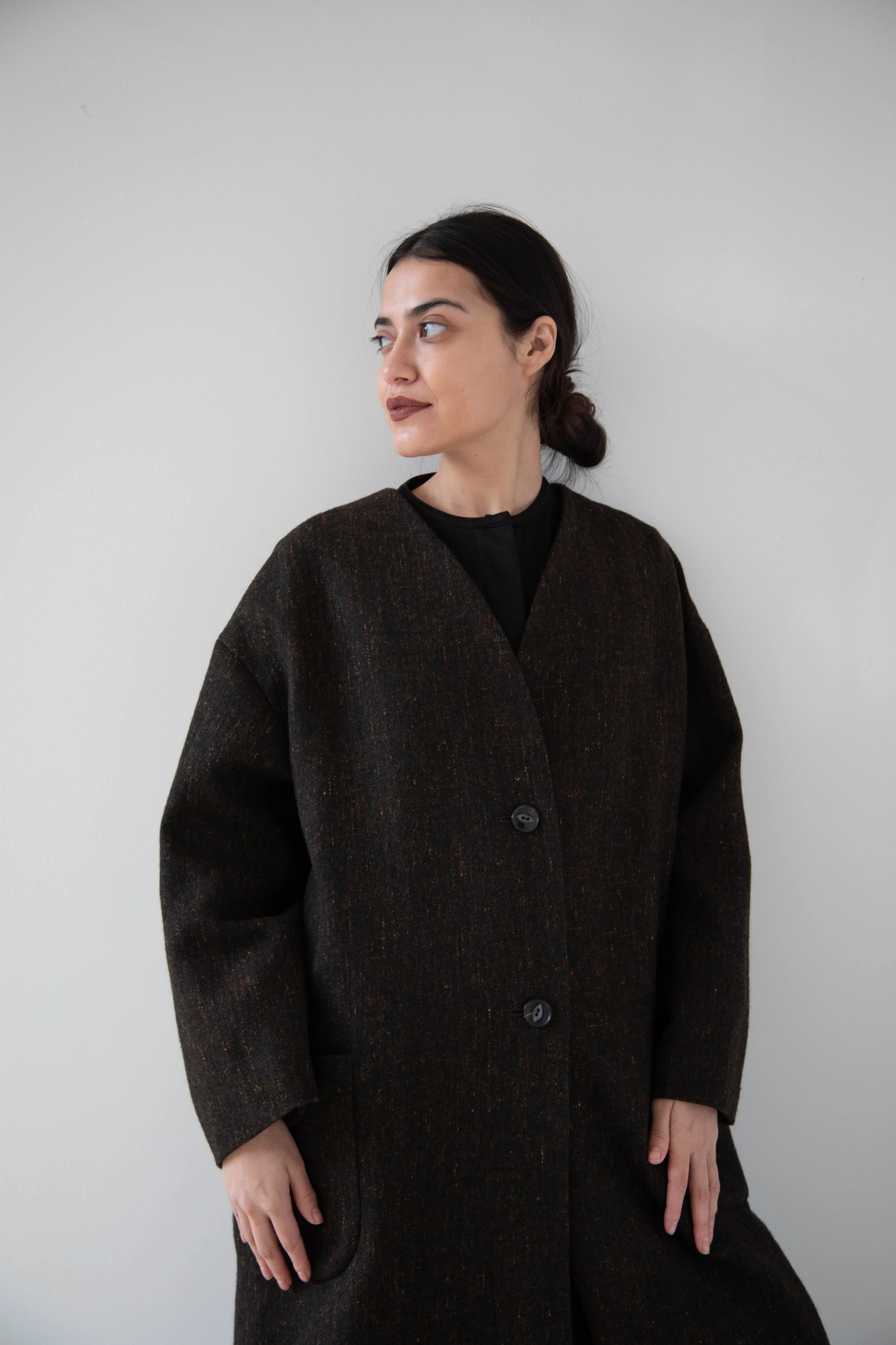 Arts & Science Tweed V-Neck Long Coat in Moss - Image 28
