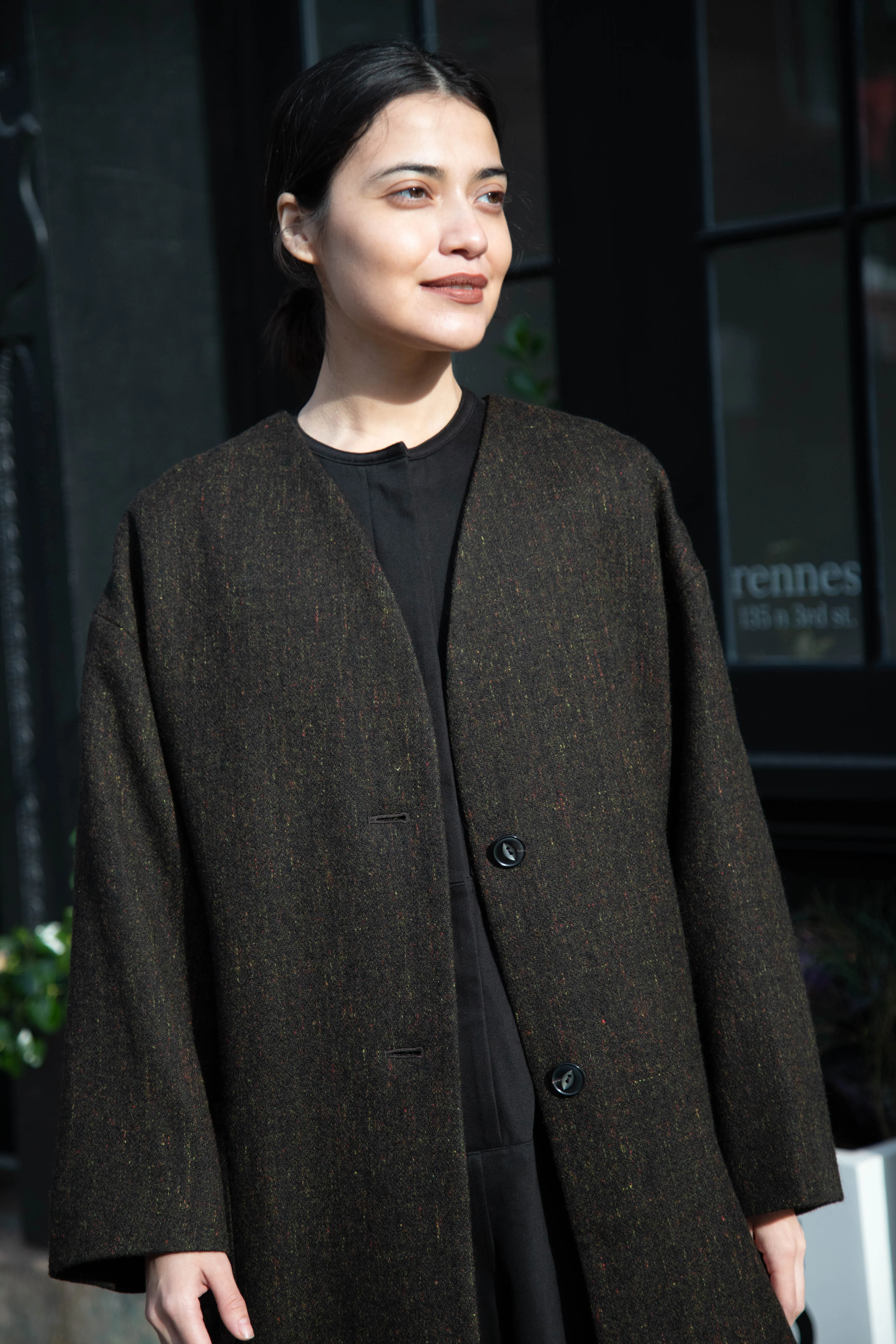 Arts & Science Tweed V-Neck Long Coat in Moss - Image 7