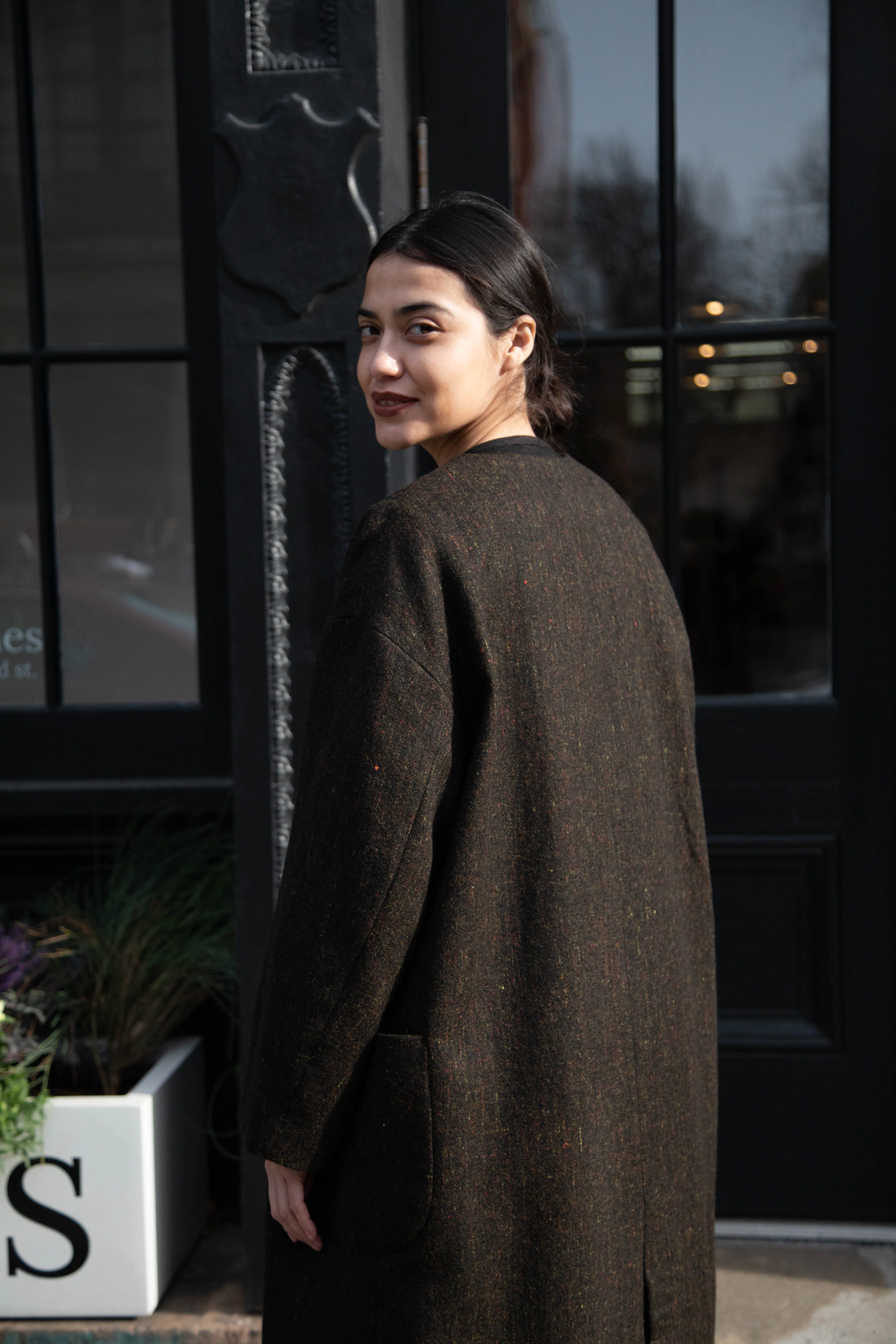 Arts & Science Tweed V-Neck Long Coat in Moss - Image 9