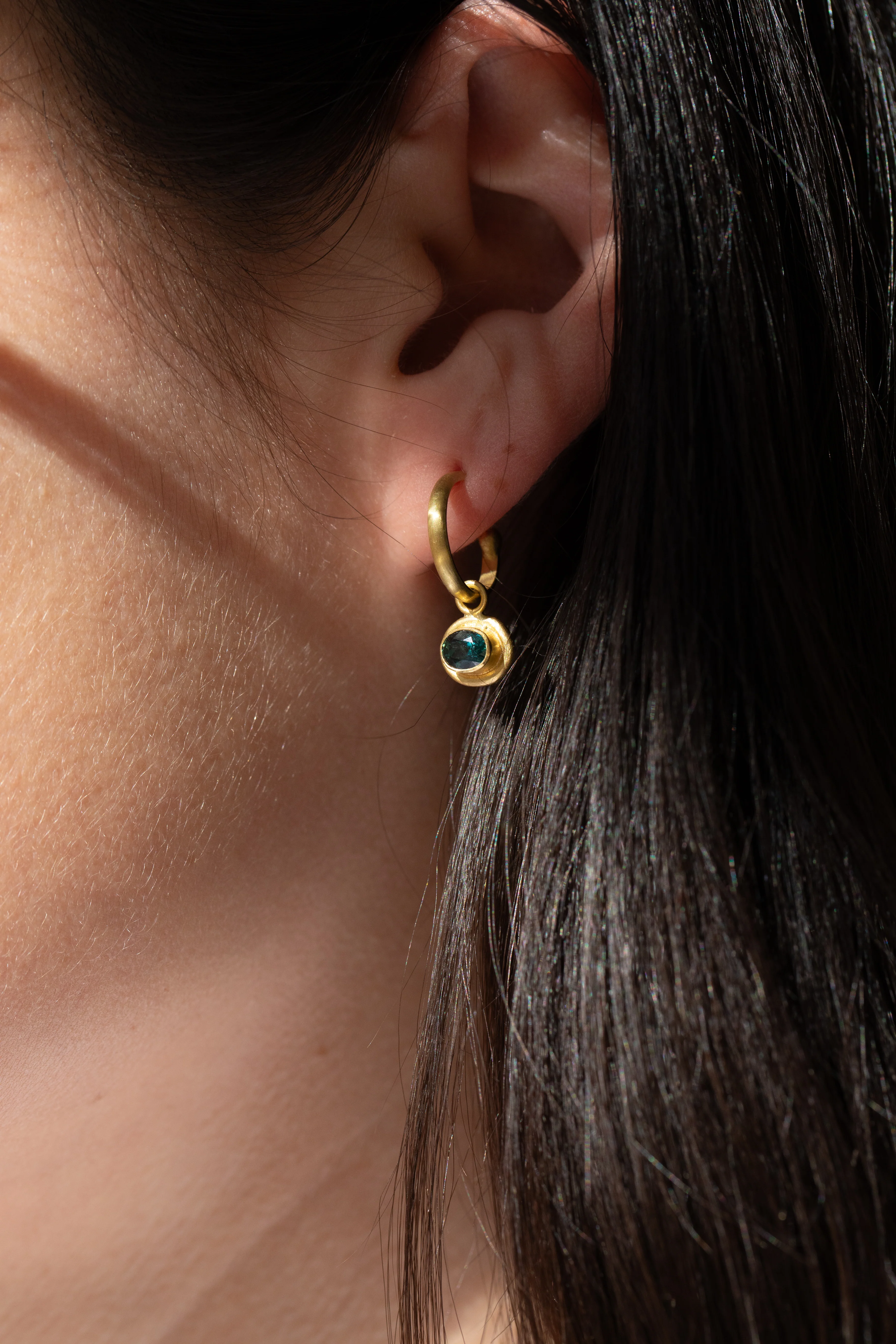 East Camp | Gold Hoops with Sapphire Drops - Image 11